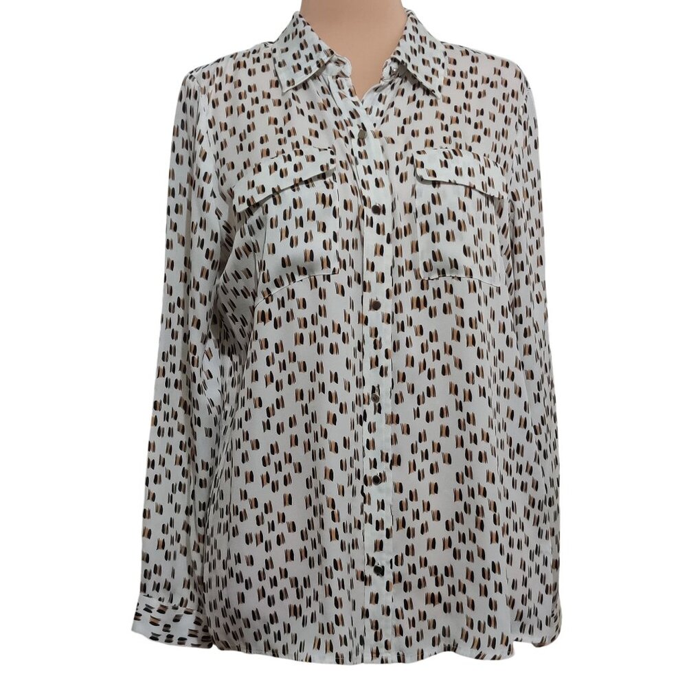 Liz Claiborne L Sheer Button Down Blouse Geometric Print Lightweight Flowy Chic